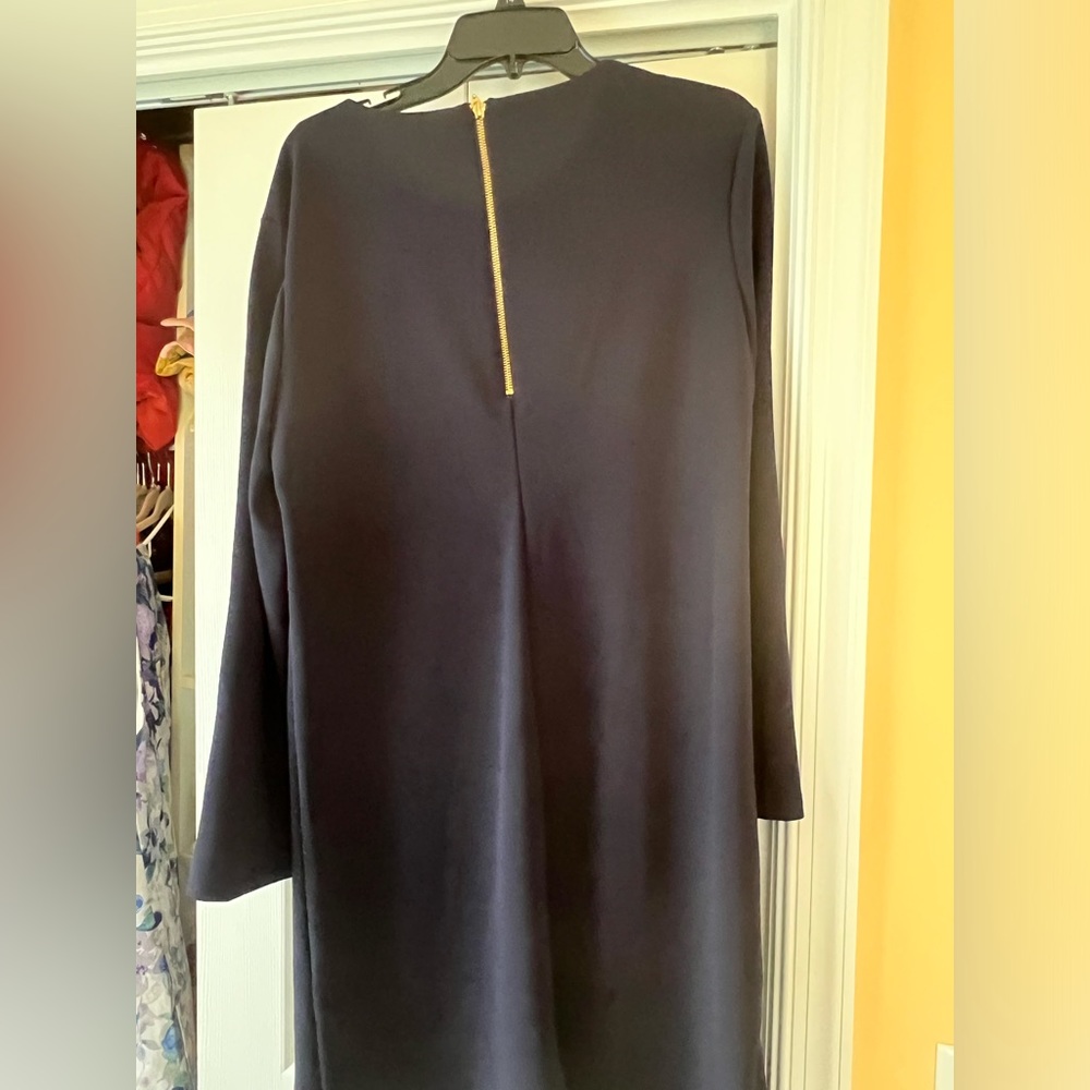 Navy Blue sheath dress w/ gold button accents down sleeve. Ronni Nicole size 14 - Picture 2 of 4